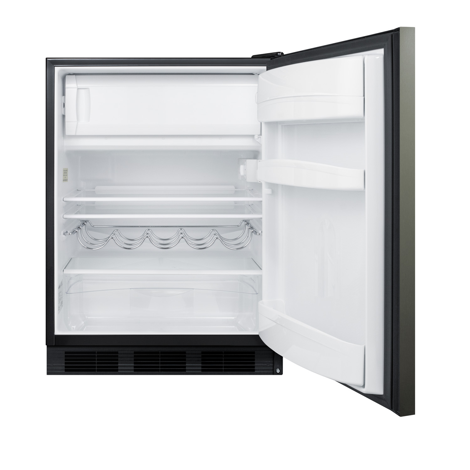 ADA compliant built-in undercounter refrigerator-freezer for residential use, cycle defrost w/deluxe interior, black stainless steel door, horizontal handle, and black cabinet